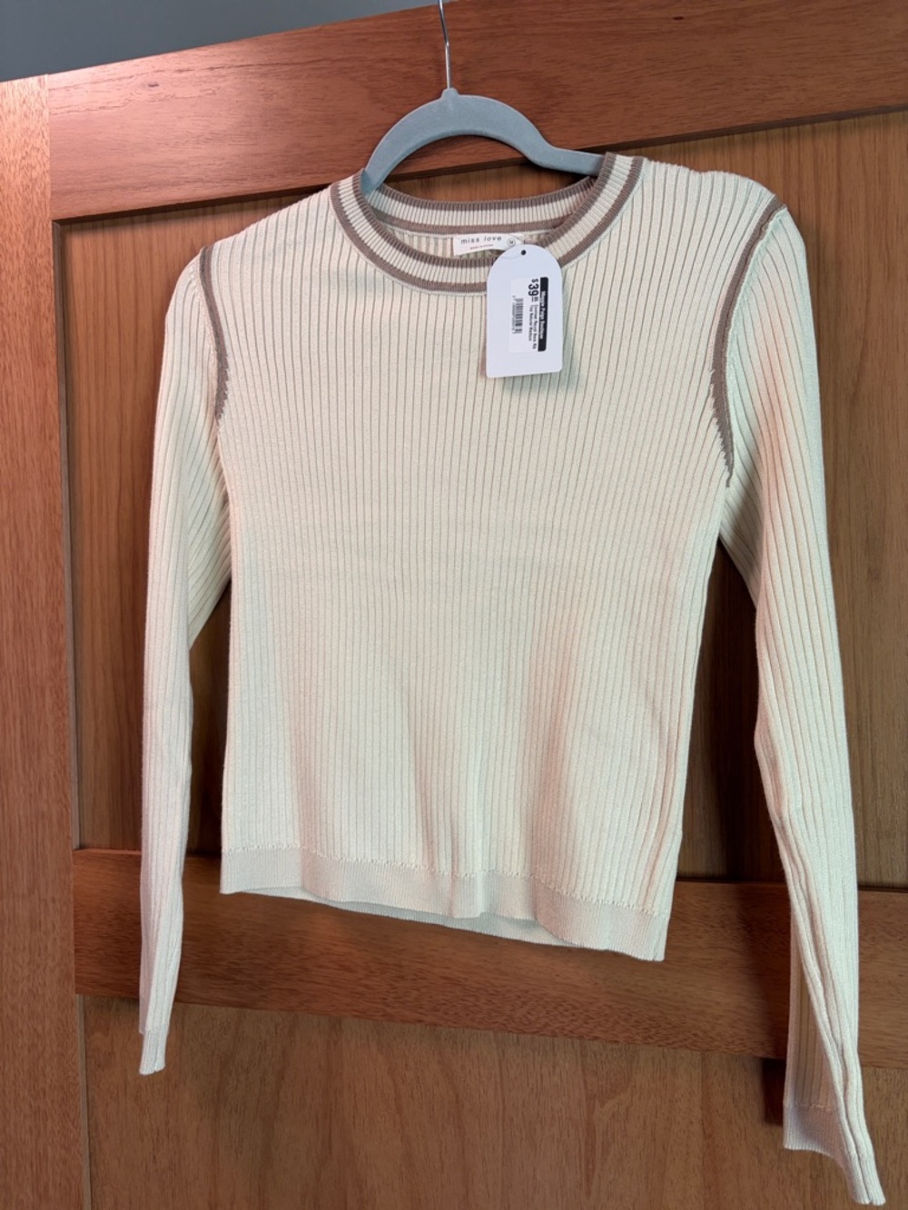 Mango Ribbed Crewneck Sweater in Cream with Brown Trim